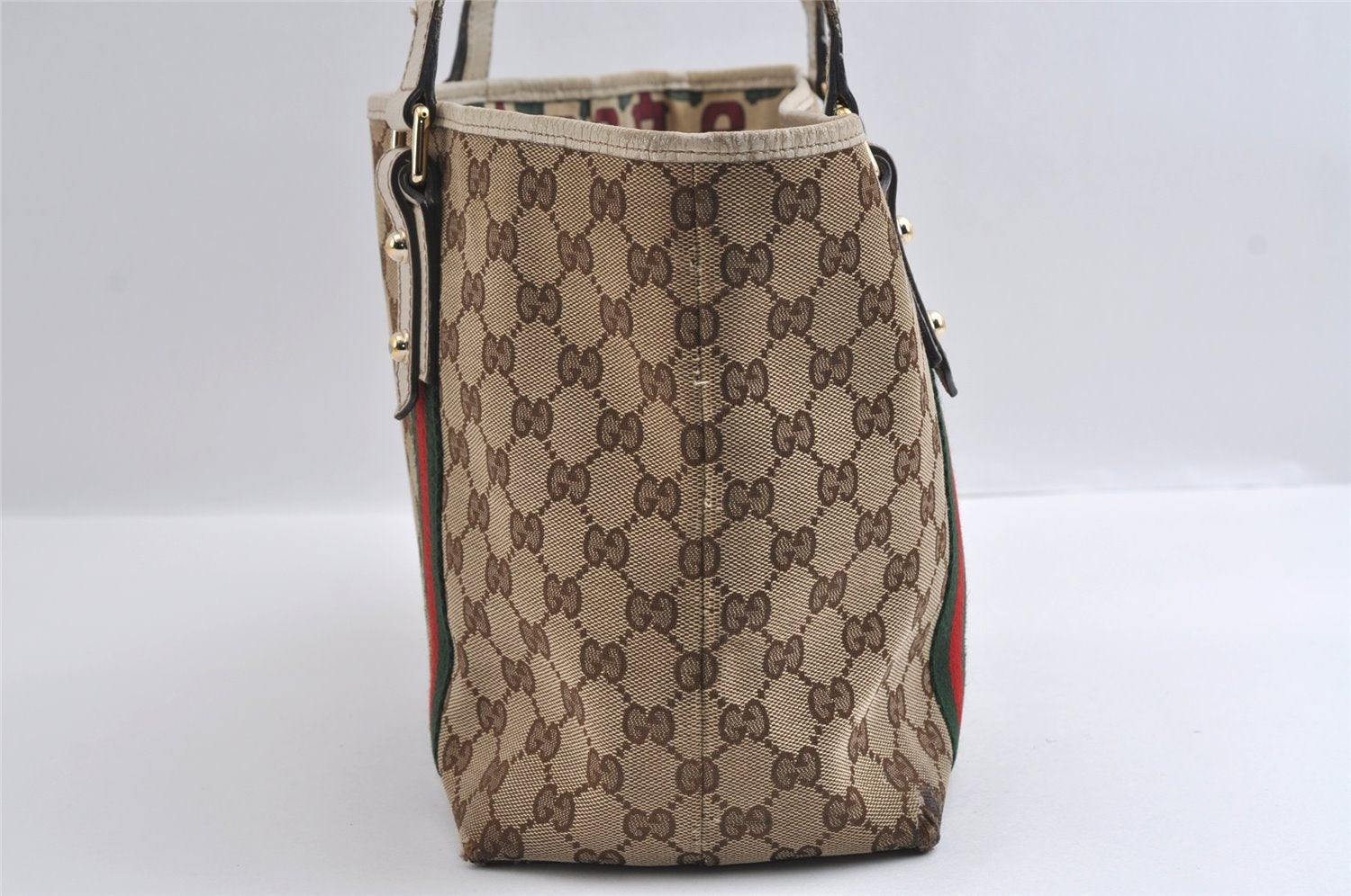 Authentic GUCCI Web Sherry Line Shoulder Tote Bag GG Canvas Leather Brown 5859I