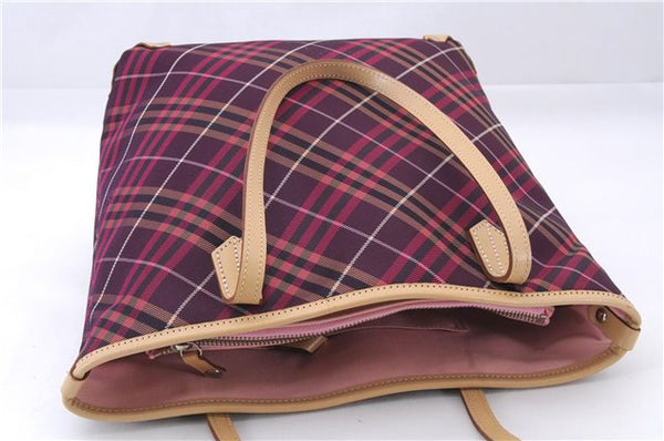 Authentic BURBERRY BLUE LABEL Check Shoulder Bag Canvas Leather Purple 5874E