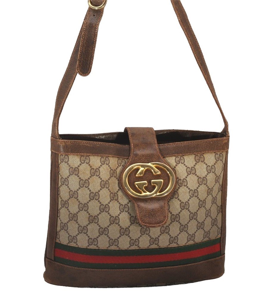 Authentic GUCCI Web Sherry Line Shoulder Bag Purse GG PVC Leather Brown 5876I