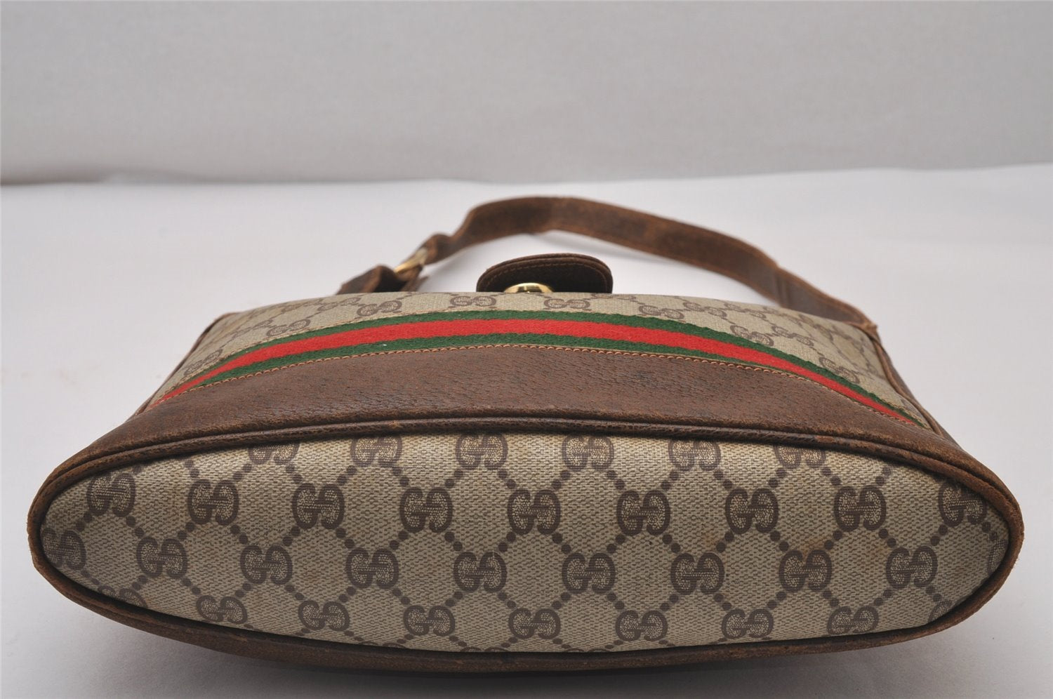 Authentic GUCCI Web Sherry Line Shoulder Bag Purse GG PVC Leather Brown 5876I