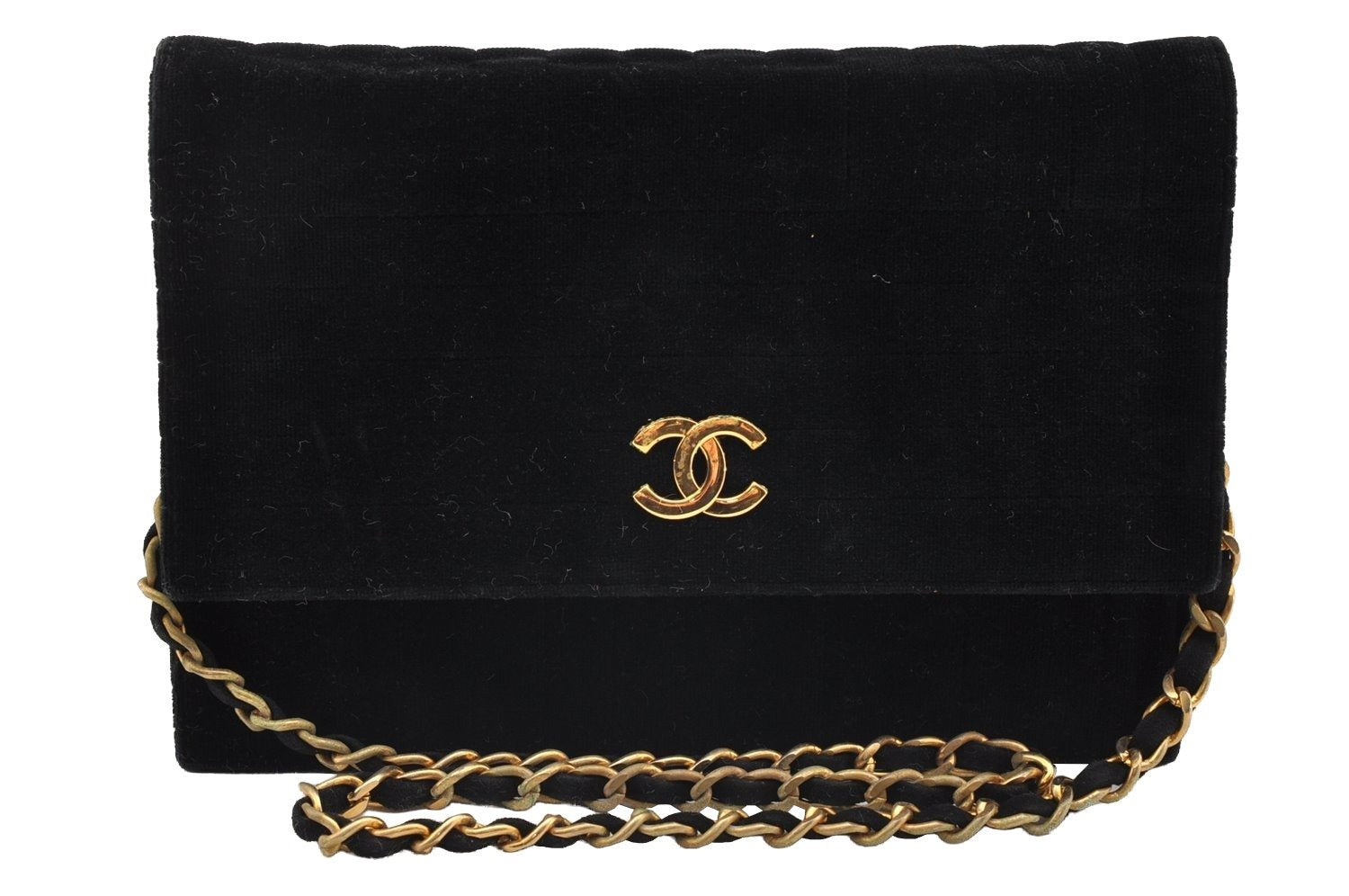 Authentic CHANEL Mademoiselle Velour CC Logo Chain Shoulder Bag Black 5879I