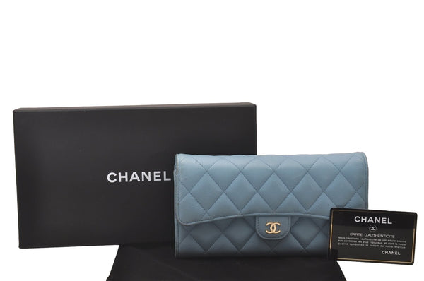 Authentic CHANEL Caviar Skin Matelasse Long Wallet Purse CC Light Blue Box 5902I