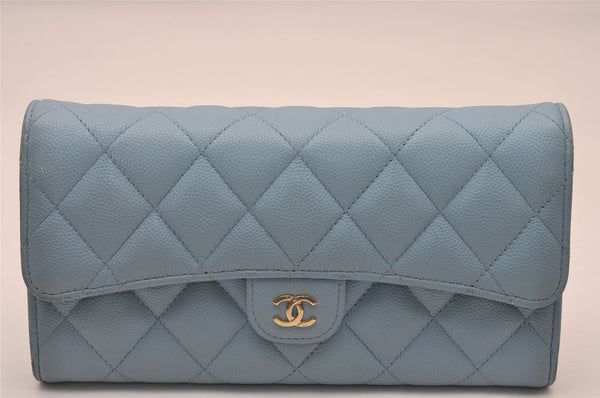 Authentic CHANEL Caviar Skin Matelasse Long Wallet Purse CC Light Blue Box 5902I