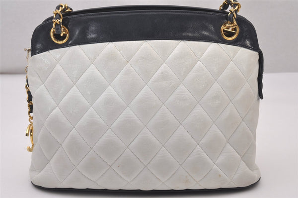 Authentic CHANEL Calf Skin Matelasse Chain Shoulder Cross Bag White CC 5905I