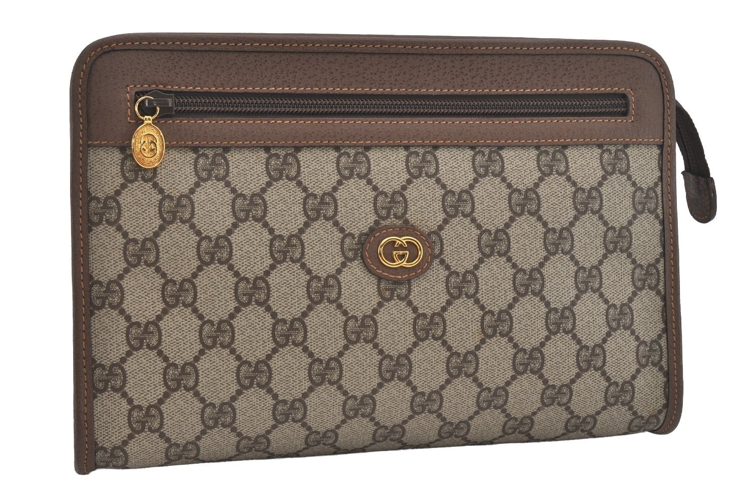 Authentic GUCCI Vintage Clutch Hand Bag Purse GG PVC Leather Brown 5910I