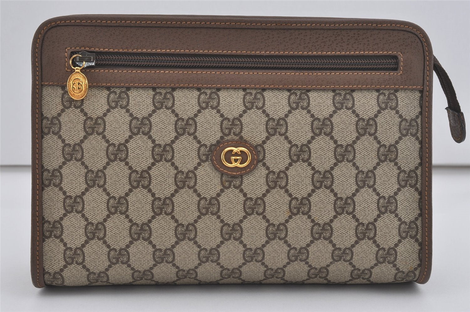 Authentic GUCCI Vintage Clutch Hand Bag Purse GG PVC Leather Brown 5910I