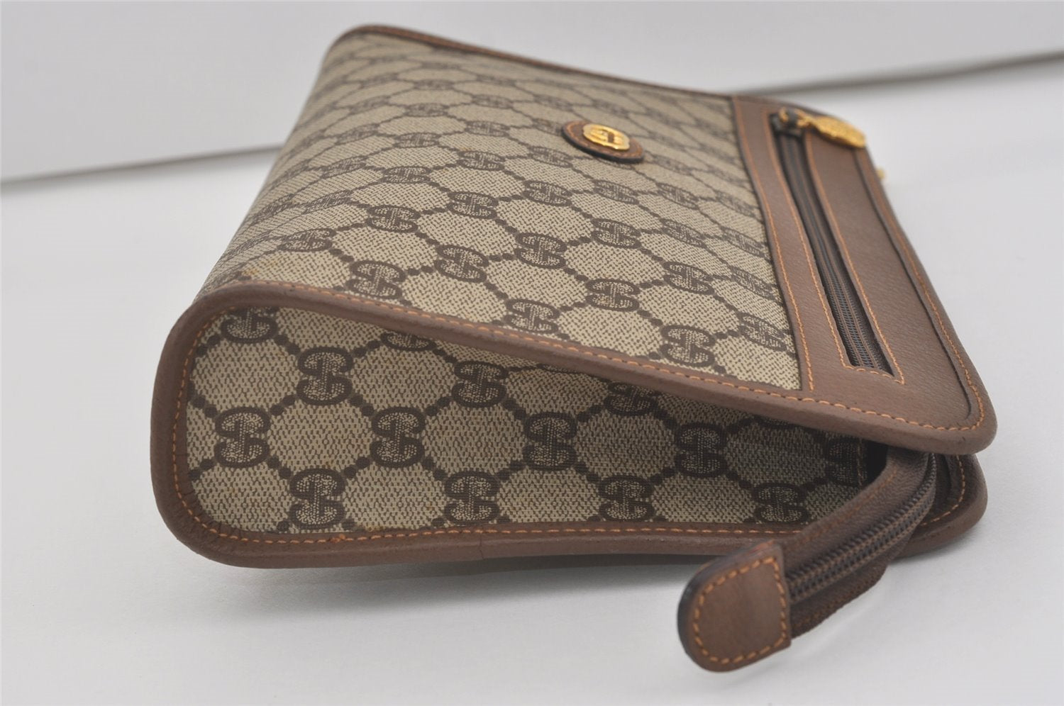 Authentic GUCCI Vintage Clutch Hand Bag Purse GG PVC Leather Brown 5910I