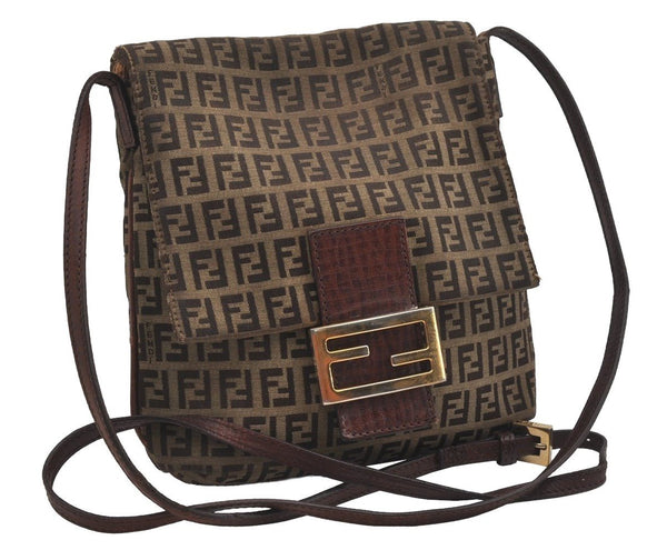 Authentic FENDI Zucchino Mamma Baguette Shoulder Bag Canvas Leather Brown 5911I