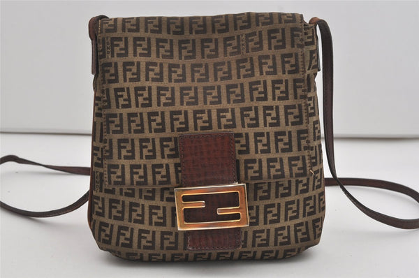 Authentic FENDI Zucchino Mamma Baguette Shoulder Bag Canvas Leather Brown 5911I