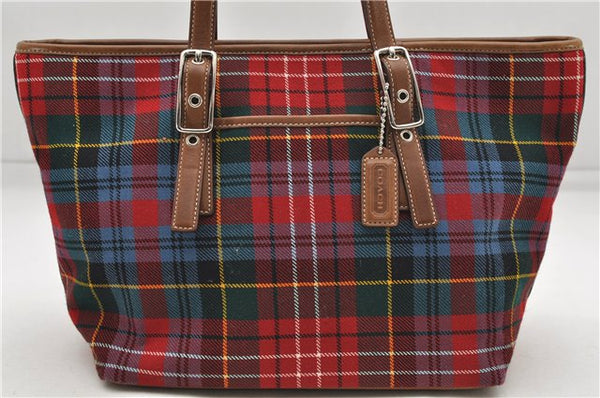 Authentic COACH Check Shoulder Hand Bag Wool Leather 8937 Red Brown 5923D