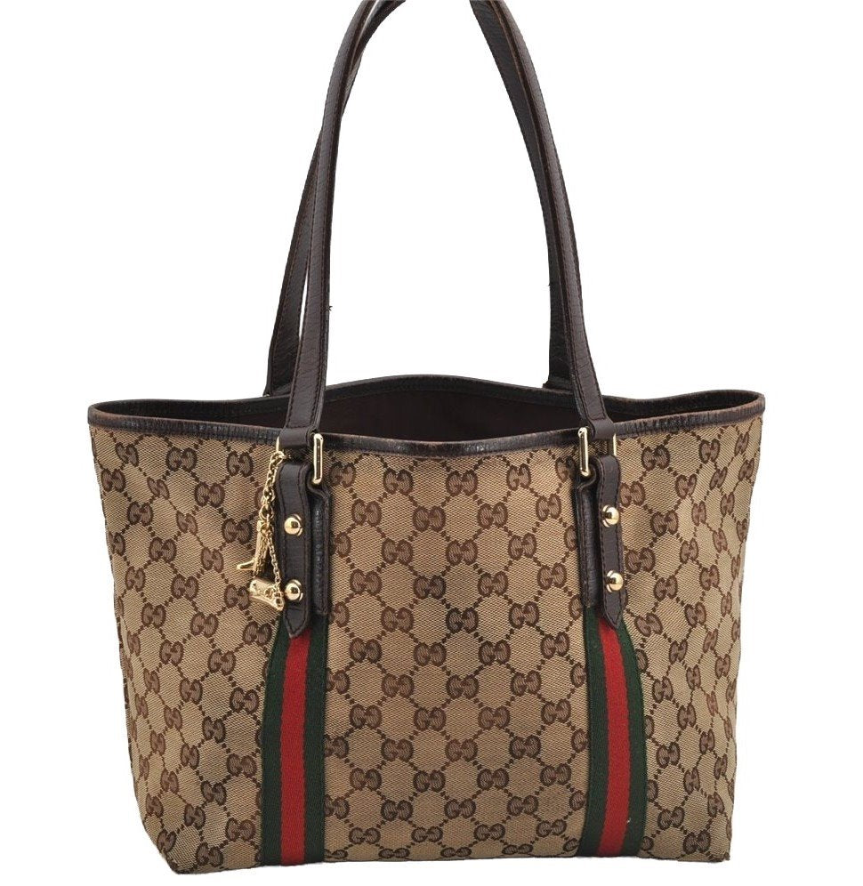 Authentic GUCCI Web Sherry Line Tote Bag GG Canvas Leather 137396 Brown 5927I