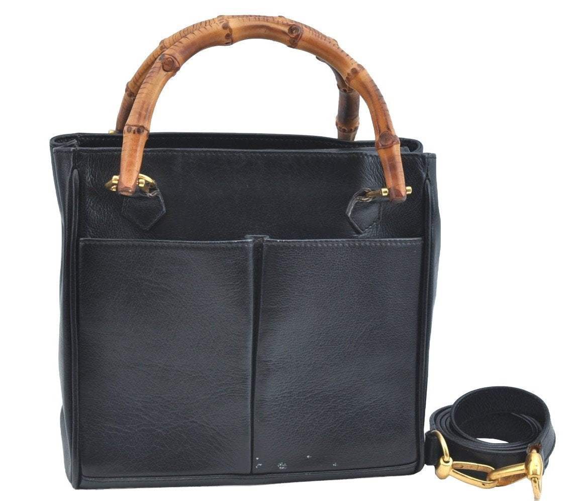 Authentic GUCCI Vintage Bamboo 2way Shoulder Hand Bag Purse Leather Black 5948H