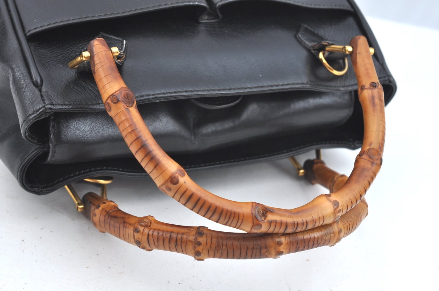 Authentic GUCCI Vintage Bamboo 2way Shoulder Hand Bag Purse Leather Black 5948H
