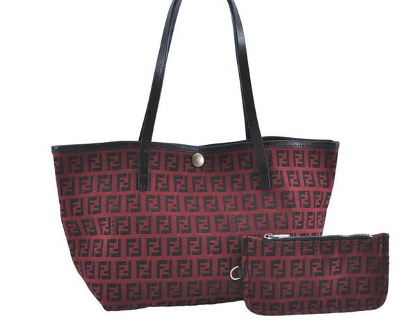 Authentic FENDI Zucchino Shoulder Tote Bag Purse Canvas Leather Red Black 5952A