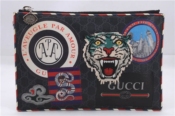 Authentic GUCCI Vintage Courier Clutch Bag GG PVC Leather 496346 Black 5956E