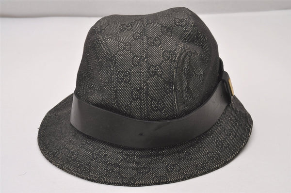 Authentic GUCCI Vintage Bucket Hat GG Canvas Leather Size XL 22" Black 5989I