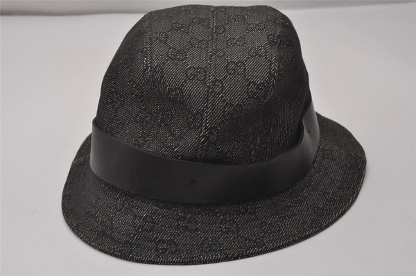 Authentic GUCCI Vintage Bucket Hat GG Canvas Leather Size XL 22" Black 5989I