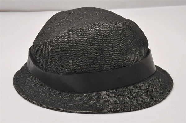 Authentic GUCCI Vintage Bucket Hat GG Canvas Leather Size XL 22" Black 5989I