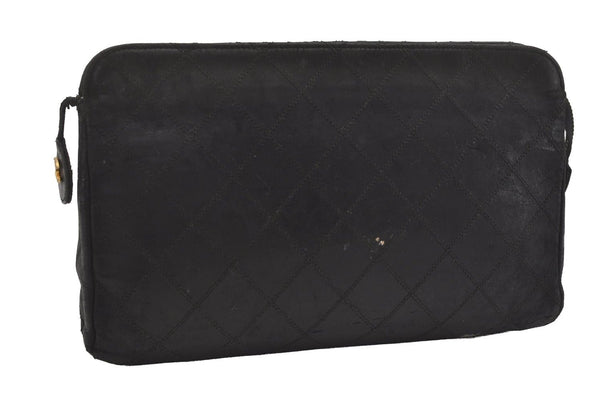 Authentic CHANEL Calf Skin Bicolore CC Logo Clutch Hand Bag Purse Black 5991I