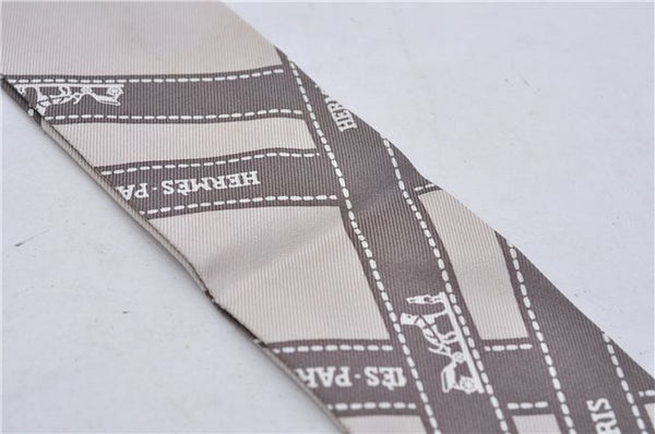 Authentic HERMES Twilly Scarf "Bolduc" Silk Ivory Gray 6003E