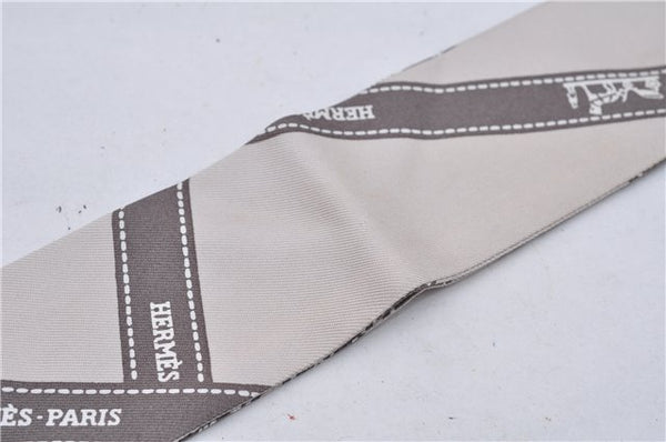 Authentic HERMES Twilly Scarf "Bolduc" Silk Ivory Gray 6003E