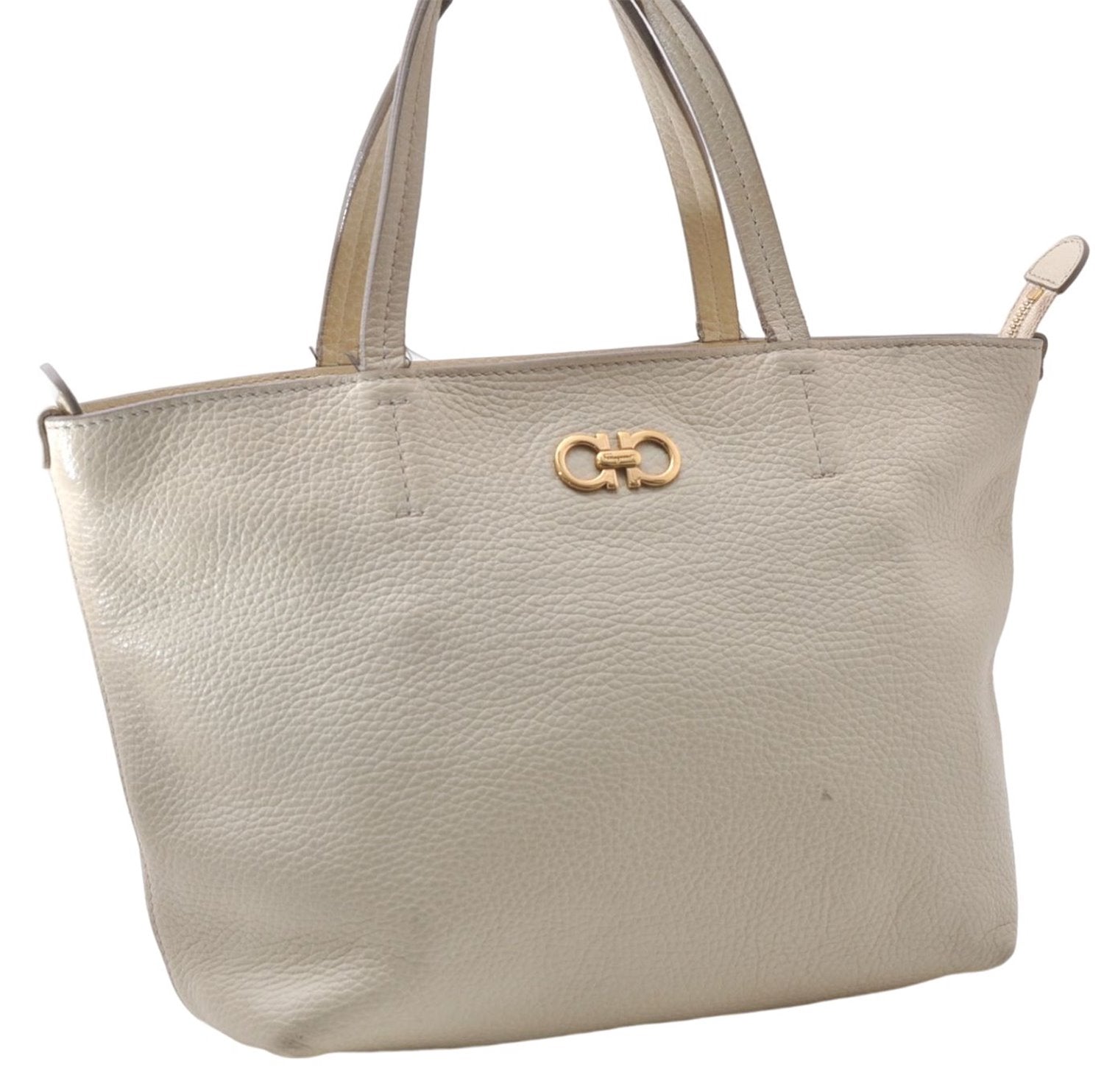 Authentic Ferragamo Gancini Leather Shoulder Tote Bag Ivory 6006D