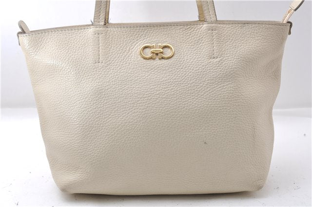 Authentic Ferragamo Gancini Leather Shoulder Tote Bag Ivory 6006D