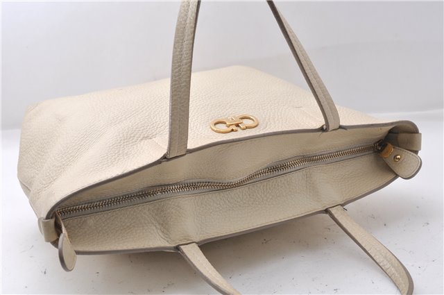 Authentic Ferragamo Gancini Leather Shoulder Tote Bag Ivory 6006D