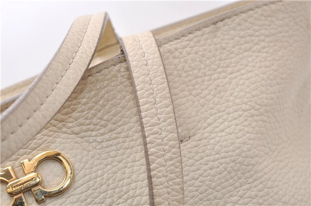 Authentic Ferragamo Gancini Leather Shoulder Tote Bag Ivory 6006D