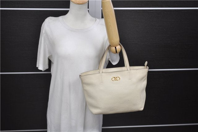 Authentic Ferragamo Gancini Leather Shoulder Tote Bag Ivory 6006D