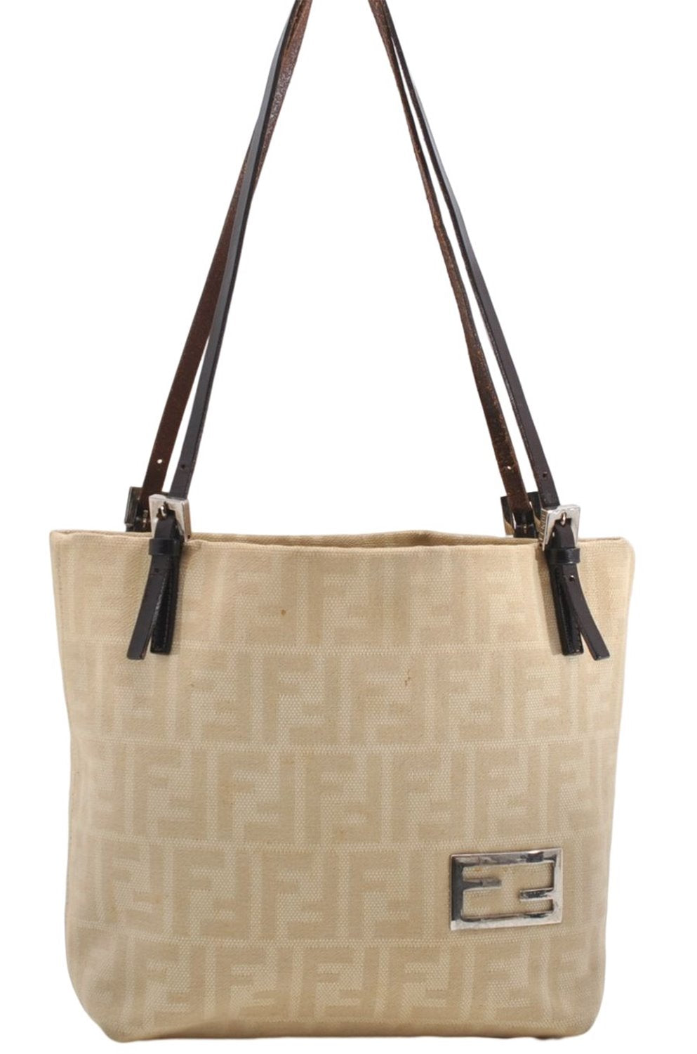 Authentic FENDI Zucca Shoulder Tote Bag Purse Canvas Ivory Brown 6019D