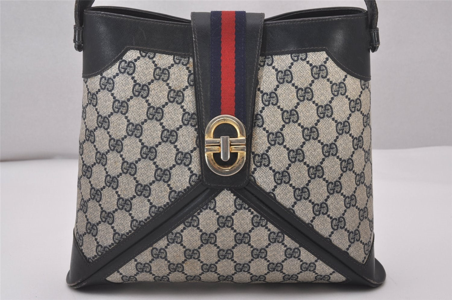 Authentic GUCCI Sherry Line Shoulder Hand Bag GG PVC Leather Navy Blue 6019I