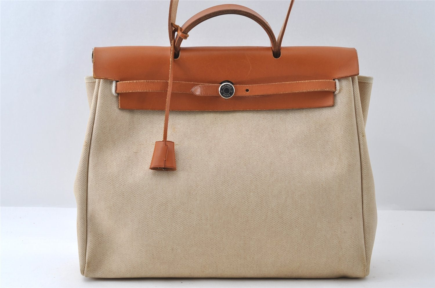 Authentic HERMES Her Bag MM 2Way Shoulder Hand Bag Canvas Leather Beige 6024I