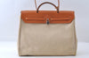 Authentic HERMES Her Bag MM 2Way Shoulder Hand Bag Canvas Leather Beige 6024I