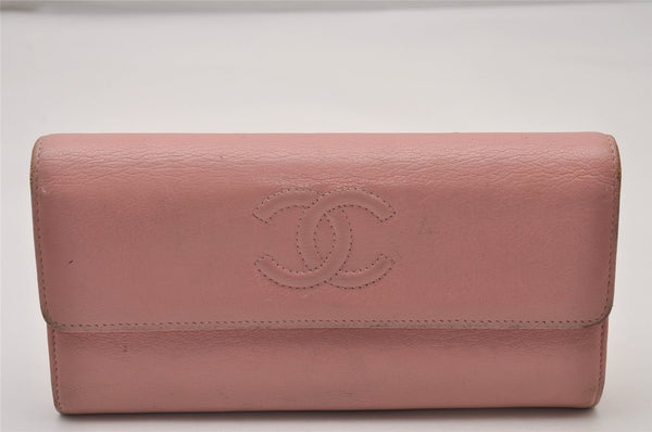 Authentic CHANEL Vintage Calf Skin CoCo Mark Long Wallet Purse Pink 6033I