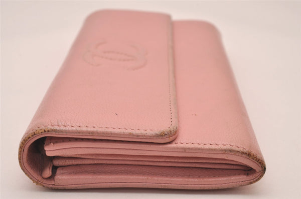 Authentic CHANEL Vintage Calf Skin CoCo Mark Long Wallet Purse Pink 6033I