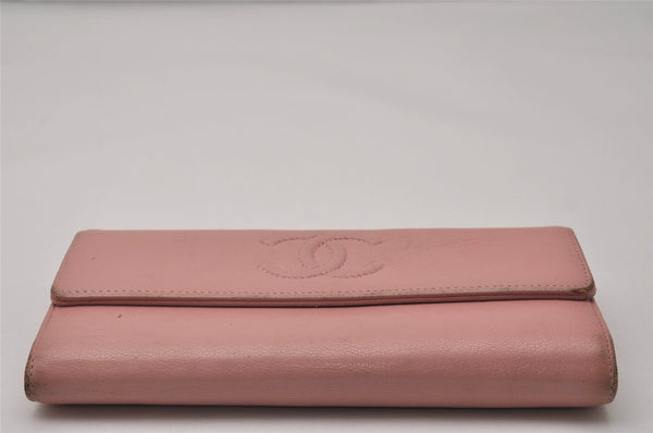 Authentic CHANEL Vintage Calf Skin CoCo Mark Long Wallet Purse Pink 6033I