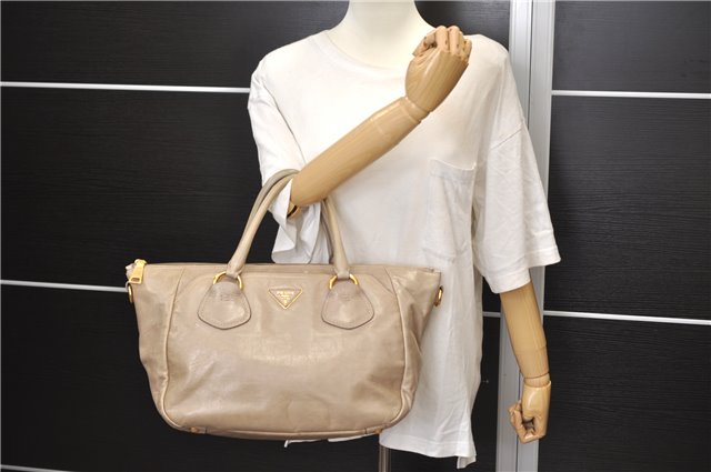 Authentic PRADA Vintage 2Way Leather Shoulder Tote Bag Beige 6047D