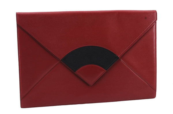 Authentic YVES SAINT LAURENT Clutch Documents Case Leather Red Black 6074C