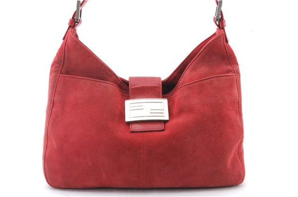 Authentic FENDI Mamma Baguette Shoulder Hand Bag Purse Suede Leather Red 6075C