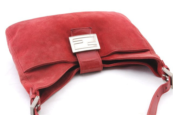 Authentic FENDI Mamma Baguette Shoulder Hand Bag Purse Suede Leather Red 6075C