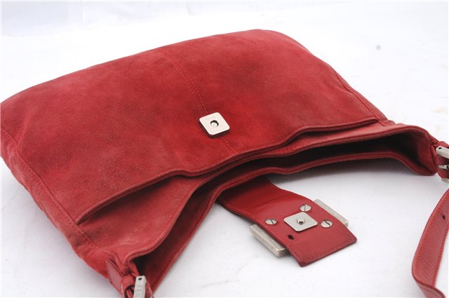 Authentic FENDI Mamma Baguette Shoulder Hand Bag Purse Suede Leather Red 6075C