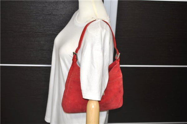 Authentic FENDI Mamma Baguette Shoulder Hand Bag Purse Suede Leather Red 6075C