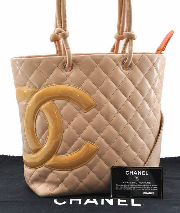 Auth CHANEL Cambon Line Quilted CC Logo Shoulder Tote Bag Beige Orange 6100A