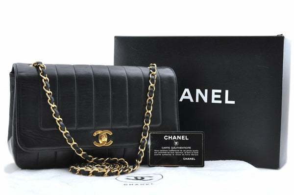 Authentic CHANEL Lamb Skin Chain Shoulder Bag Black CC Box 6107A