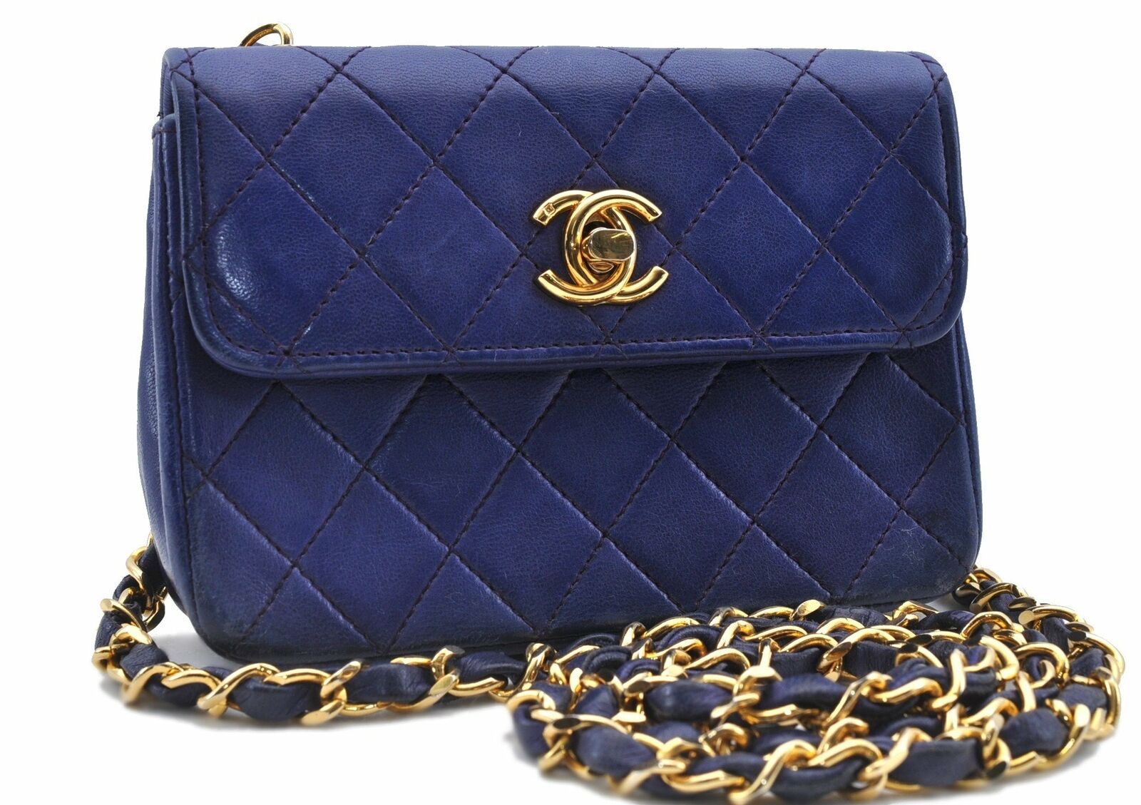 Auth CHANEL Lamb Skin Mini Matelasse CC Logo Chain Shoulder Cross Bag Blue 6110A