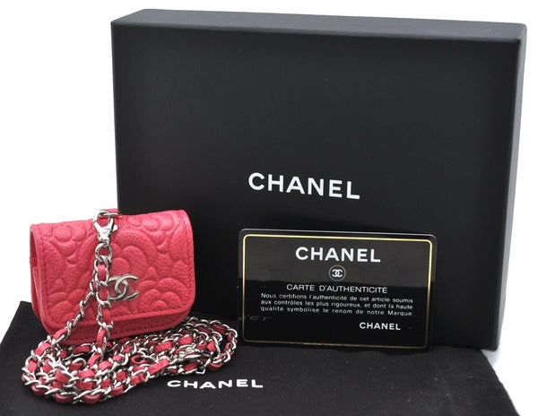 Authentic CHANEL CC Logo Camellia No.5 Leather Chain Aiepods Case Pink Box 6112A