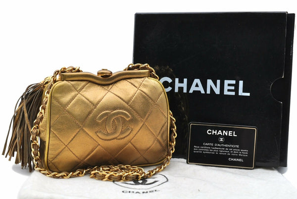 Authentic CHANEL Lamb Skin Chain Shoulder Bag Gold CC Box 6116A