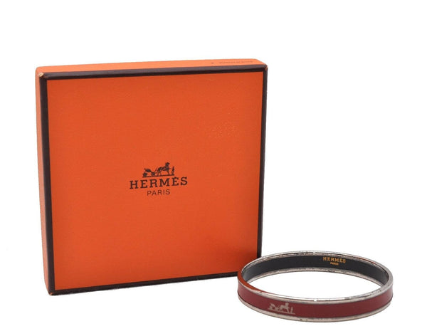 Authentic HERMES Email PM Bangle Caleche Motif Red Silver Box 6120B