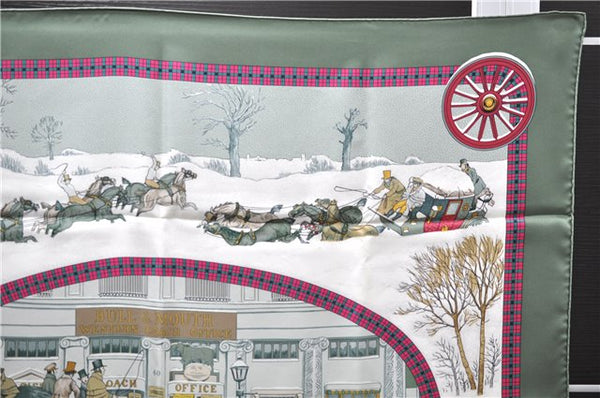 Authentic HERMES Carre 90 Scarf "I'Hiver en Poste" Silk Khaki Green Box 6124E